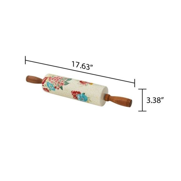 🦋 2023 🦋 New Pioneer Woman Fancy Flourish Ceramic Rolling Pin with Acacia Wood - Picture 7 of 10